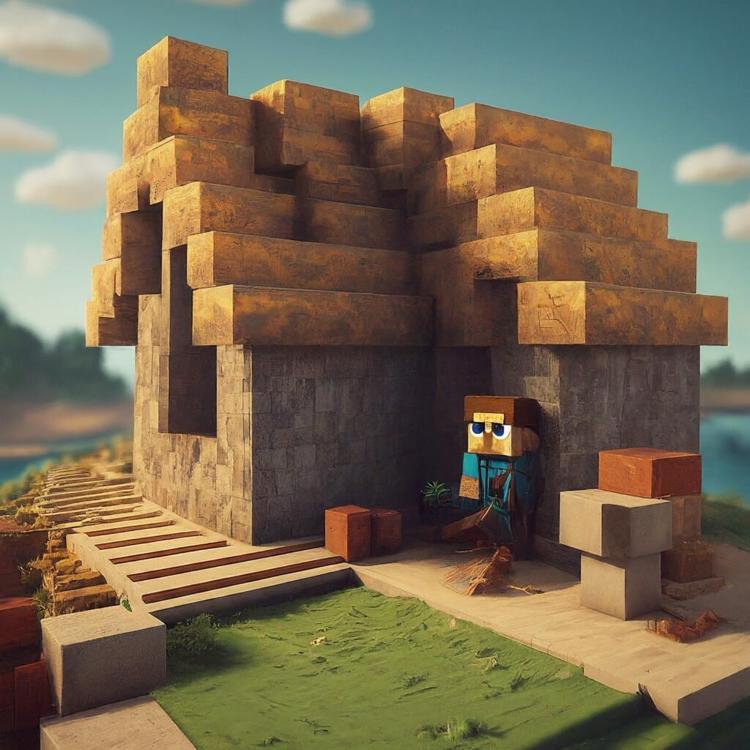A Minecraft player character building a house with colorful blocks in a vast, blocky world.