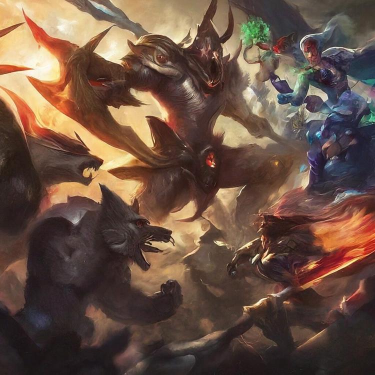 League of Legends champions from different factions clashing on a map with distinct lanes and a central jungle area.