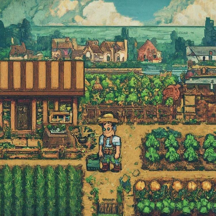 A Stardew Valley player character watering crops, surrounded by animals, with a quaint town visible in the distance.