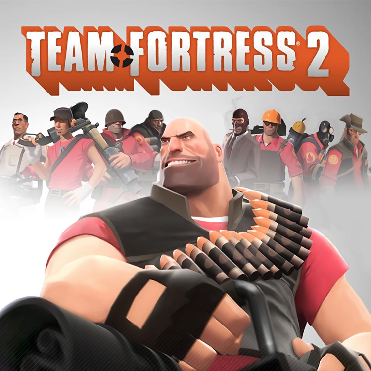 Team Fortress 2 characters from different classes battling each other in a vibrant, cartoon-style map.